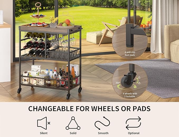 Gizoon Rolling Bar Cart, a Versatile Beverage Cart with a Removable Tray, 12-Bottle Wine Rack, and Glass Holder, The Bar Cart is Perfect for Kitchen, Dining Room, or Outdoor Use (Gray)-Ruum Studio Home