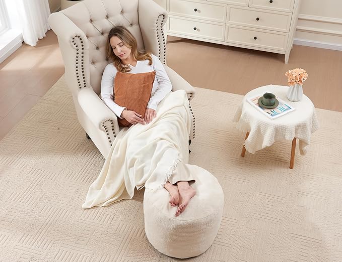 Pouf Ottoman Foot Rest 20"x15" Footstools and Ottomans Small with Filling Cream Small Beige Ottoman Foot Rest Ivory Poofy Ottom Stool Soft Poofs/Ottomans Furniture Living Room Ottom Footstool-Ruum Studio Home