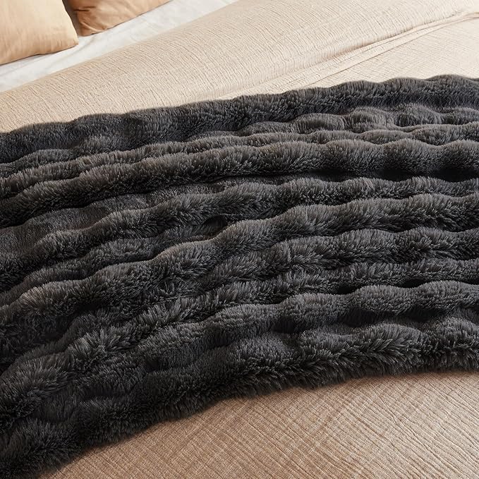 JELLYMONI Faux Fur Throw Blanket, Dark Grey, Cozy Plush Bubble Bed Throw, Thick and Warm, 50" X 60"-Ruum Studio Home
