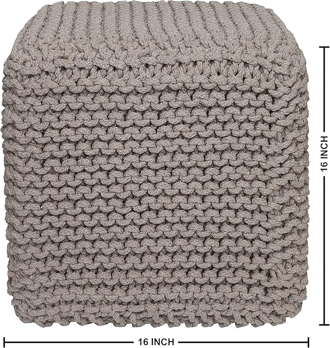 REDEARTH Cube Hand Knitted Pouf - Foot Stool Ottoman - Cord Boho Pouffe - Poof Accent Stuffed Table or Footrest for Living Room - Nursery - Bedroom - Patio - 100% Cotton (16" x 16" x 16") - Taupe-Ruum Studio Home