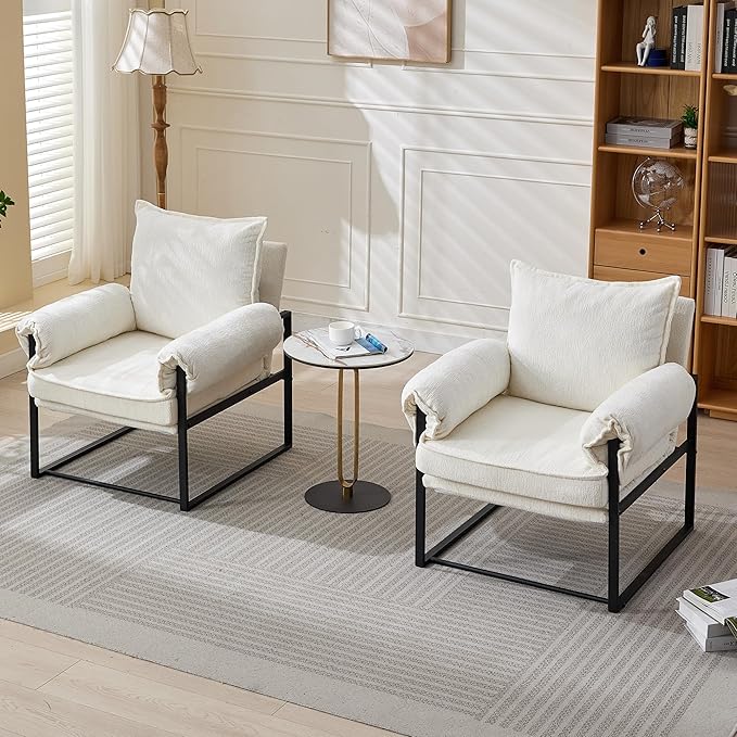 YISHENG Accent Chair with 6-Angle Adjustable Backrest, Chenille Fabric Living Room Chair Upholstered Lounge Chair, Modern Chair Cozy Reclining Chair for Reading Room, Set of 2 White-Ruum Studio Home