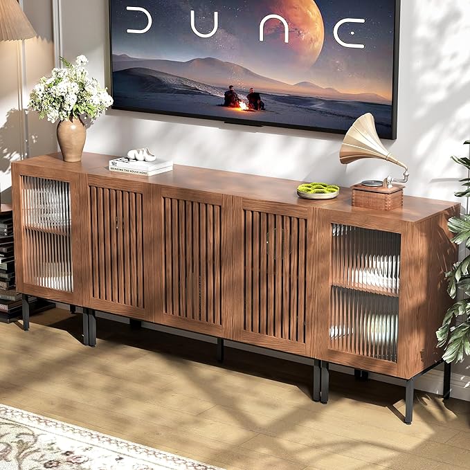 Farmhouse TV Stand for TVs up to 85 Inch, Entertainment Center TV Console with Storage Cabinets and Glass Doors,Media Console for Living Room, Brown-Ruum Studio Home