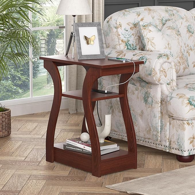 End Tables Living Room Set of 2,Cherry End Table with Charging Station,Side Table, Nightstand for Bedroom, 3 Tier End Table with Storage Shelf for Living Room(Cherry)-Ruum Studio Home