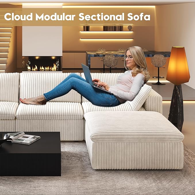 78.74" L Shaped Modern Sofa Modular Sectional Cloud Couch with Ottoman,Upholstered Couches with Plush Corduroy Fabric for Living Room Furniture,Bedroom and Apartment,No Assembly Required,White-Ruum Studio Home