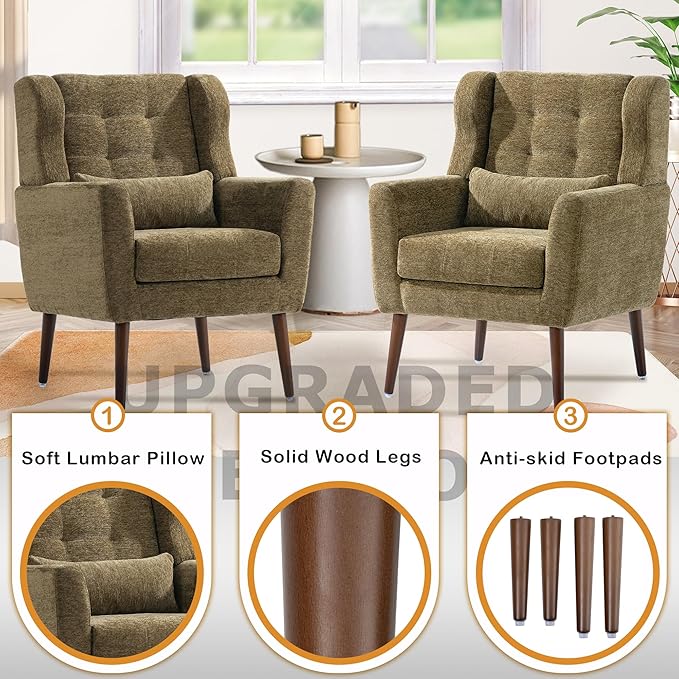 Modern Accent Chair, Upholstered Armchair with Pillow, Fabric Single Sofa Chair with Lounge Seat and Wood Legs Accent Chair for Living Room Bedroom Small Spaces (Avocado, Set of 1)-Ruum Studio Home