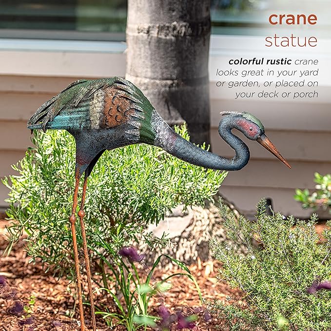 Alpine Corporation 30" Tall Outdoor Rustic Metal Bowing Crane Statue Yard Art Decoration-Ruum Studio Home