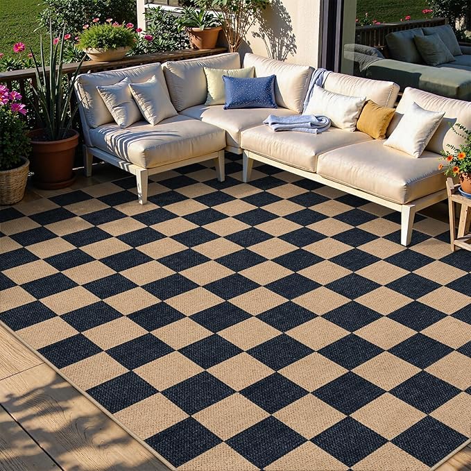 Lahome Checkered Easy Jute Carpet, Washable Area Rug 6x9 Neutral Outdoor Patio Rug, Farmhouse Checkerboard Non Slip Non Shedding Floor Carpet for Dining Living Room Deck Sunroom-Ruum Studio Home
