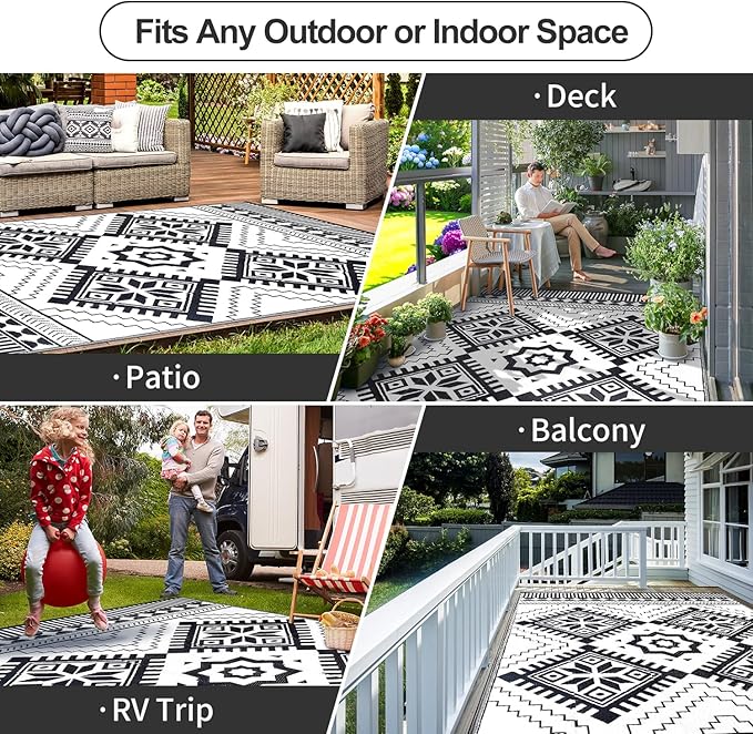 Waterproof Outdoor Rug 8x10ft, Boho Reversible Plastic Straw Mat for Patio RV Deck Porch Backyard Balcony Camping Picnic Beach Indoor Outdoor Carpet, Black&White-Ruum Studio Home