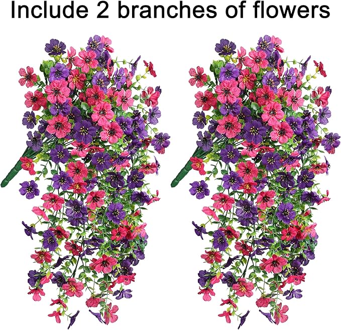 Artificial Faux Hanging Flowers Plants for Spring Outdoor Outside Decoration, 2 PCS Fake Silk Daisy with Eucalyptus UV Resistant Realistic Trailing Vines for Balcony Patio Porch (Darkpurple+Hotpink)-Ruum Studio Home