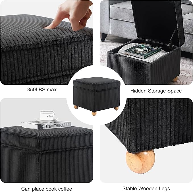 Adeco 17 Inch High Striped Flannel Black Cube Ottoman Storage, 3D Embossed Velvet Chair Foot Stools, Upholstered Vanity Stool with Hinged Lid, Solid Round Wood Legs-Ruum Studio Home