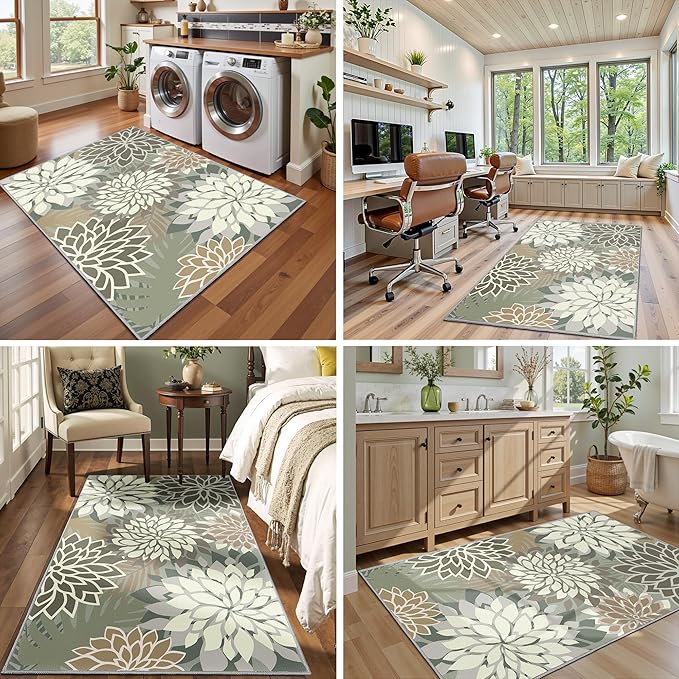 Area Rug 3x5 Brown White Washable Entry Rug Multicolored Tropical Botanical Modern Floral Indoor Kitchen Door Mat Entrance Carpet Non Slip for Bedroom Living Room, Porch-Ruum Studio Home