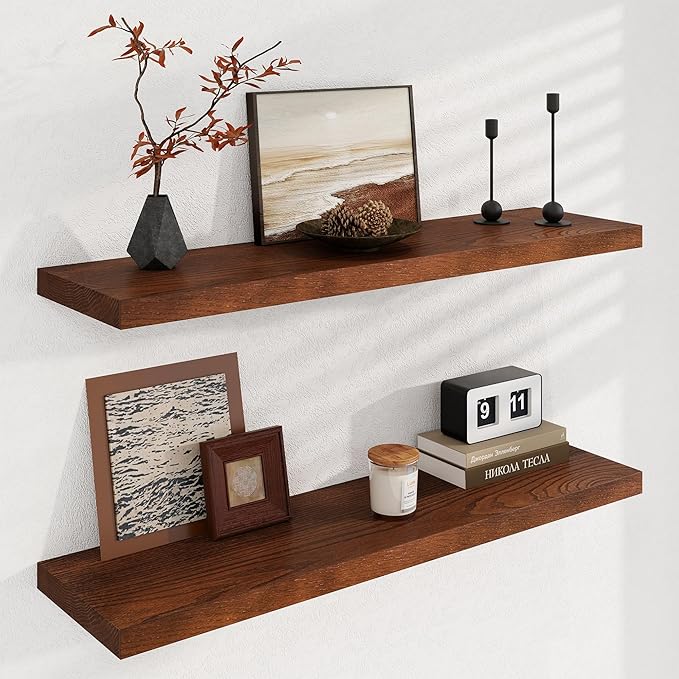 Fun Memories Solid Oak Wood Floating Shelves, 9.3 Inch Deep Natural Wood Shelf with Invisible Heavy Duty Bracket for Bathroom Bedroom Kitchen - 36inch Set of 2, Walnut-Ruum Studio Home