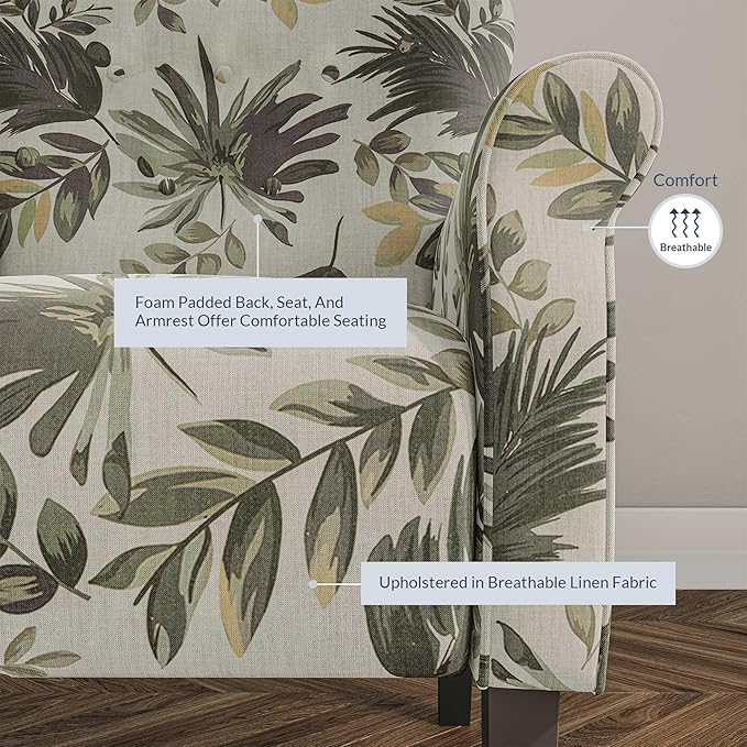 BELLEZE Modern Accent Chair for Living Room, High Back Floral Armchair with Wooden Legs, Upholstered Wingback Side Chair Padded Armrest Single Sofa for Living Room, Bedroom - Allston (Green Floral)-Ruum Studio Home