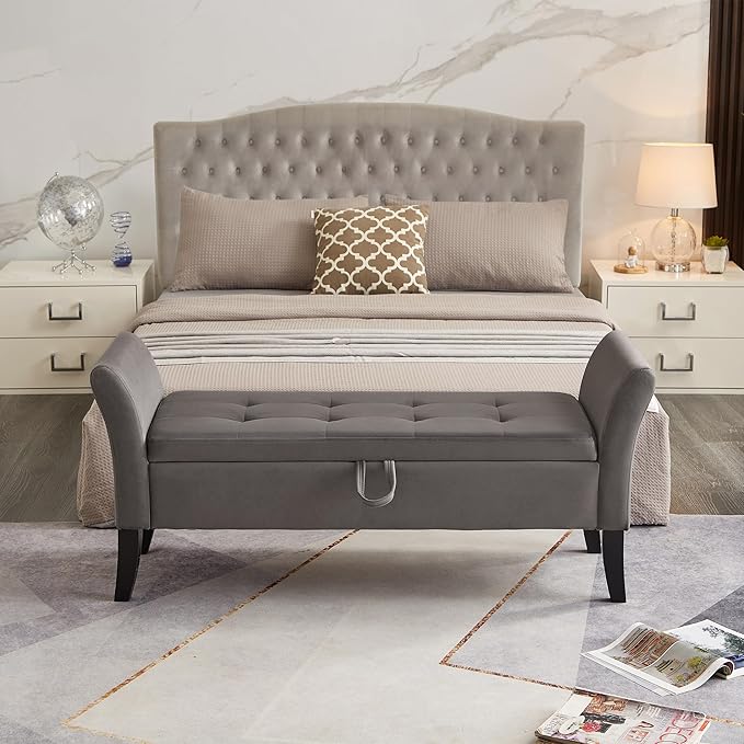 Furniliving 51” Bedroom Bench, End of Bed Bench with Button-Tufted Large Upholstered Storage Bench Ottoman Velvet Window Bench with Storage Shoe Cabinet Bench, for Bedroom, Entryway, Closet, Grey-Ruum Studio Home