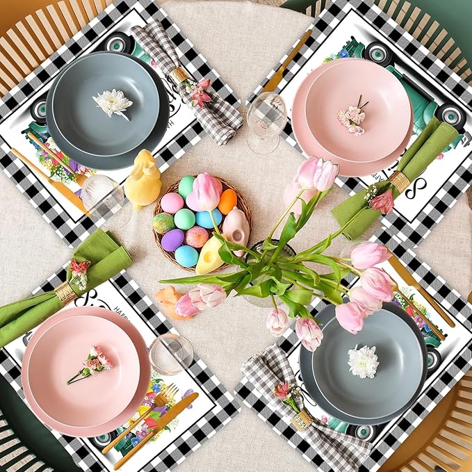 Happy Spring Placemats Set of 6 Easter Plastic Table Mats Spring Placemats Seasonal Place Mats Rustic Vintage Flowers Table Decoration for Indoor Outdoor Party Kitchen Dining-Ruum Studio Home