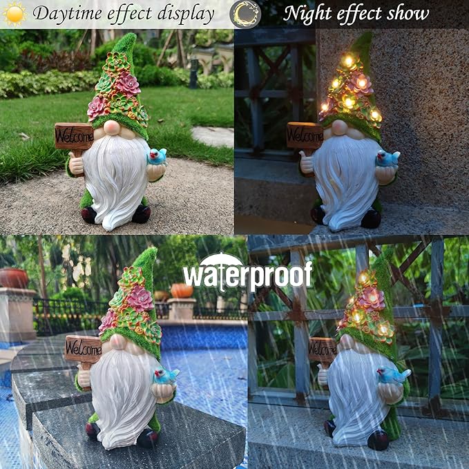 Solar Gnomes Garden Statues,Resin Gnome Figurine Holding Welcome Card and Bird with Solar Lights, Outdoor Gnomes Decorations for Yard Patio Lawn Porch, Garden Gifts-Ruum Studio Home