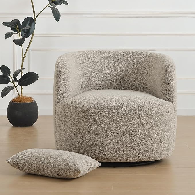 KINWELL 34" Wide Sherpa Swivel Barrel Chair, No Assembly Round Boucle Upholstered Accent Chair Armchair Single Sofa Chair with Toss Pillow for Living Room and Bedroom, Taupe-Ruum Studio Home