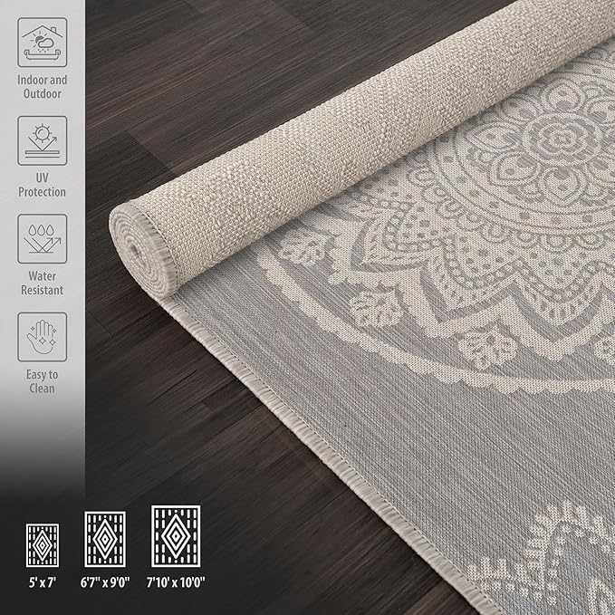 CAMILSON Outdoor Rug 9x12 Modern Area Rugs for Large Indoor and Outdoor Patios and Porches - Waterproof Washable Non-Shedding Easy-to-Clean Outside Carpet (9 x 12, Medallion - Grey/White)-Ruum Studio Home