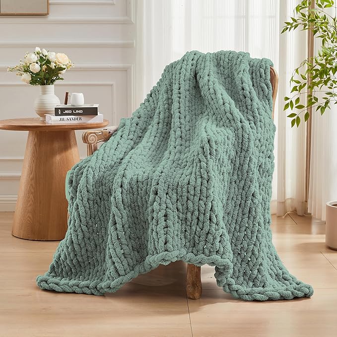 Carriediosa Chunky Knit Throw Blanket 60" X 80" Twin, 100% Hand Made Large Chenille Loop Yarn Soft Fluffy Throws for Couch Sofa Bed, Big Crochet Cozy Heavy Thick Cable Woven Blankets, Sage Green-Ruum Studio Home