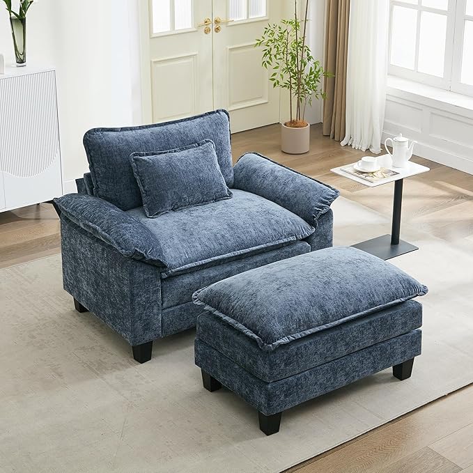 URRED Modular Sectional Sofa Comfy Cloud Couch, Modern Chenille Sofa Sleeper Deep Seat Couches with Ottoman/Pillows for Living Room (Blue, 53''- Ottoman)-Ruum Studio Home
