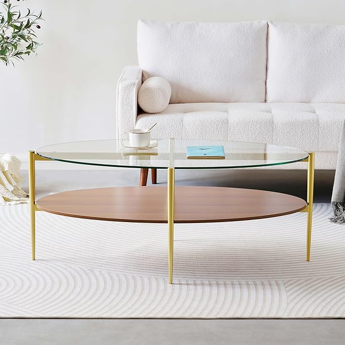 Oval Glass Coffee Table, Mid-Century Modern Design, L43 x W22 x H17 inch, 2-Tier Structure, Olive Shaped Clear Glass Top and Walnut Finish Wood Shelf, Tapered Legs with Gold Finish Frame-Ruum Studio Home