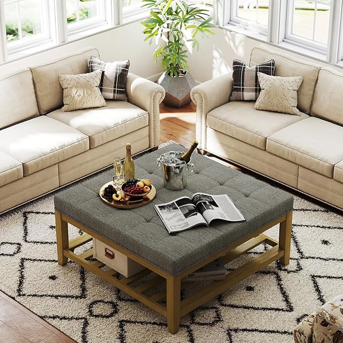 Large Square Ottoman Coffee Table, Linen Solid Upholstered Footrest Ottoman with Solid Wood Shelf Storage Tufted Coffee Table for Bedroom Living Room, Granite-Ruum Studio Home
