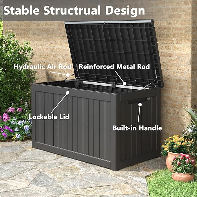 KAMABOKO 230 Gallon Outdoor Storage Box, Resin Deck Boxes Indoor and outdoor, Waterproof Storage Box Lockable Lid for Garden Tools, Package Delivery, Patio Cushions, Black-Ruum Studio Home