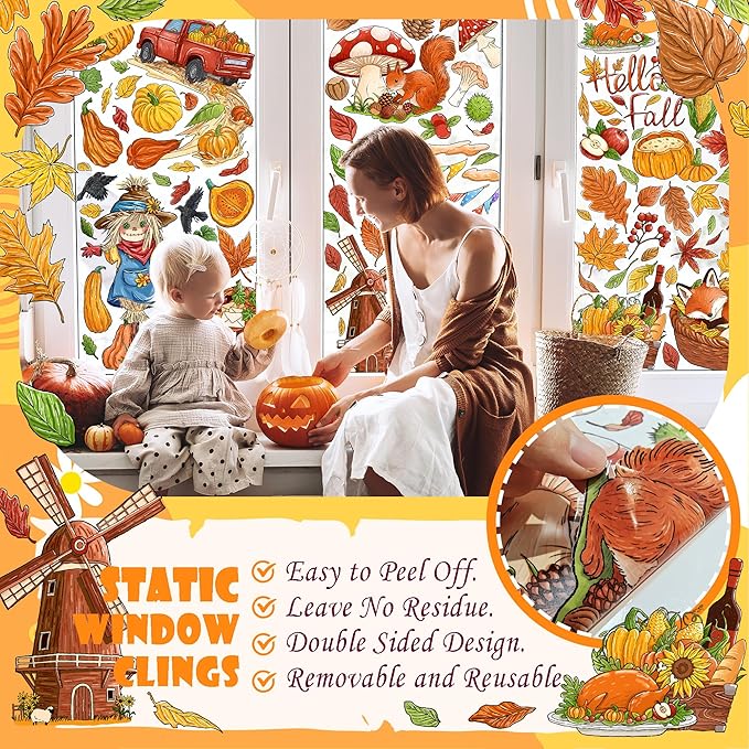 Fall Window Clings Decorations - Leaves Pumpkin Scarecrow Autumn Clings for Glass Windows, Double Sided Reusable Window Stickers, Cute Large Thanksgiving Harvest Window Decals-184 PCS/9 Sheet-Ruum Studio Home