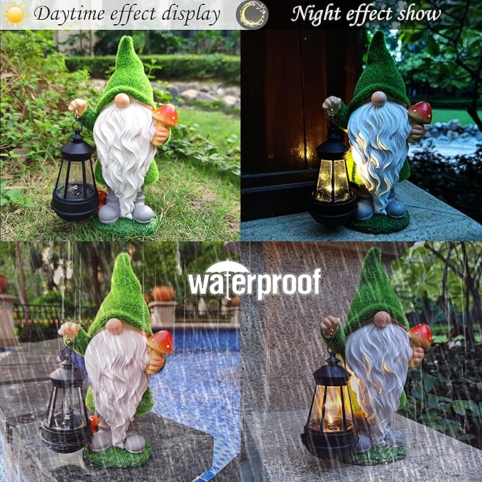 Solar Gnomes Garden Statues,Resin Gnome Figurine Holding Mushroom and Solar Lights Lantern,Outdoor Yard Art Decorations for Garden Patio Lawn-Ruum Studio Home