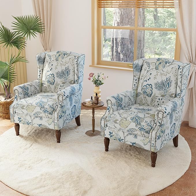 Lumibee Wingback Accent Chair, 2 Set High Back Floral Armchairs in Fabric,Comfy Upholstered Reading Single Sofa Chairs with Solid Wood Legs for Living Room,Bedroom,Office-Plants Blue-Ruum Studio Home