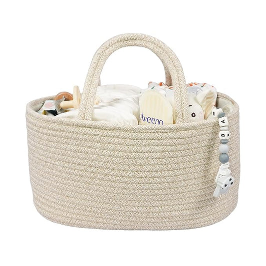Baby Diaper Caddy Organizer for Girl Boy Cotton Rope Nursery Storage Bin Basket Portable Holder Tote Bag for Changing Table Car Travel Baby Shower Gifts Newborn Registry Must Have Items oatmeal-Ruum Studio Home