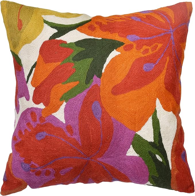 Floral Bloom Pillow Cover | Suzani Accent Pillowcase | Flower Accent Cushions | Hand Embroidered Wool Cushion - 18x18-Ruum Studio Home