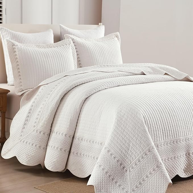 MarCielo 100% Cotton Quilt Set White Lightweight Bedspread with Scalloped Edge, Farmhouse Vintage Bedding, All Season Use(TC Off-White,King (114"x102"))-Ruum Studio Home