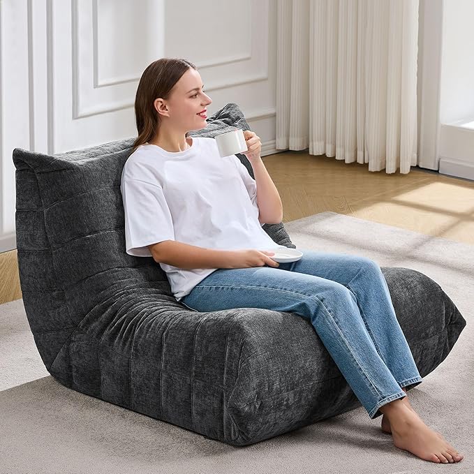 Bean Bag Chairs for Adults Giant Bean Bag Chair Memory Foam BeanBag Chair Big Bean Bag Sofa with Filler Faux Fur Fireside Beanbags Lazy Sofa for Living Room Bedroom Dorm Office (Darkgrey Chenille)-Ruum Studio Home