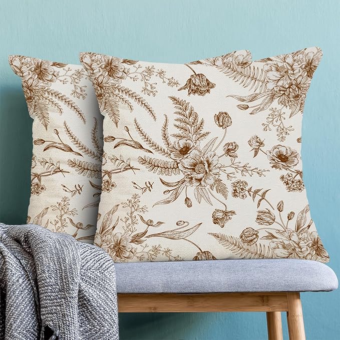 CXMEIFLY Spring Floral Leaves Pillow Covers 22 x 22 Inch Set of 2 for Chinoiserie Flowers Decor Throw Pillows Brown and White Seasonal Plant Outdoor Decorative Cushion Cases for Couch Bed Decorations-Ruum Studio Home