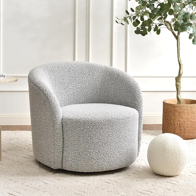 KINWELL Sherpa Swivel Barrel Chair & Round Ball Pillow Set - 34" Wide Modern Boucle Accent Chair with 9” Matching Nordic Decorative Throw Pillow for Living Room and Bedroom(Black White)-Ruum Studio Home