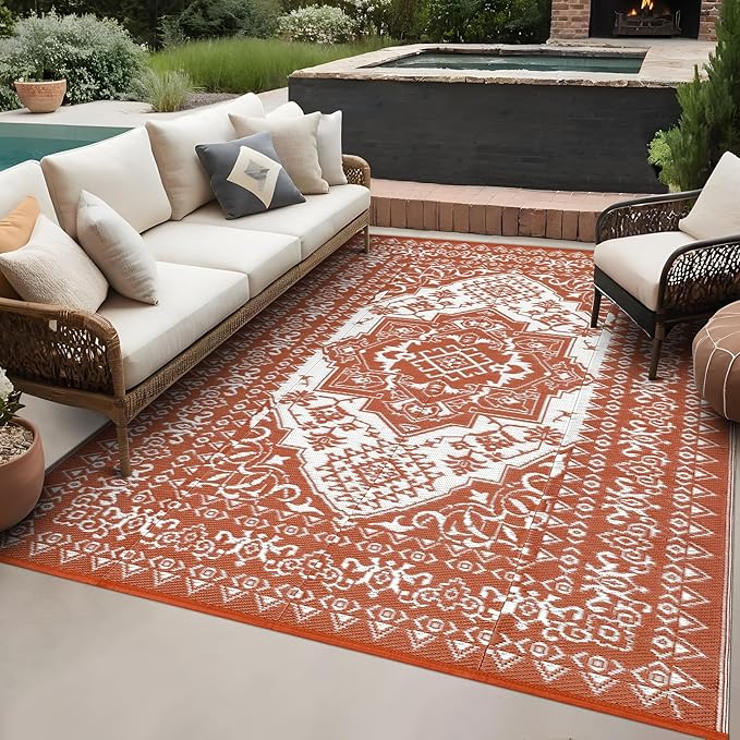 GAOMON Outdoor Rugs for Patio 8x10 Waterproof Reversible Plastic Straw Rug, Large UV-Resistant Portable RV Camping Mats, Indoor Outdoor Medallion Carpet for Outside Deck Porch Garden, Red & White-Ruum Studio Home