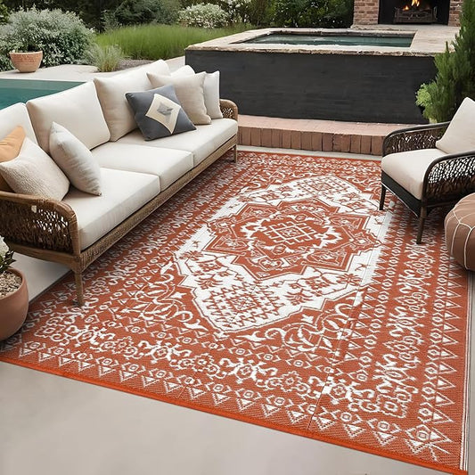 GAOMON Large Outdoor Plastic Straw Rug 10x14 Waterproof Patio Rug Reversible Foldable Portale Camping Mat with Stakes & Bag, Vintage Boho Outside Carpet for RV Garden Deck Porch, Orange Red-Ruum Studio Home