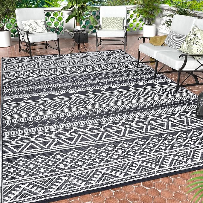 GAOMON Outdoor Rug 9'x12' Waterproof Rug for Patio Decor, Foldable Reversible Plastic Straw Area Rugs Mat for Camper, Outside Carpet for Deck, Porch, Picnic, Beach, Grey/White(Bohemia)-Ruum Studio Home