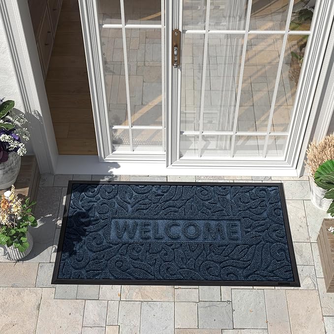 Yimobra Welcome Front Door Mat Outdoor, Heavy Duty Sturdy Non Slip Doormats, Rubber Backing, Low-Profile Entrance Rugs, Absorbent Resist Dirt, Easy Clean Patio Garage Floor Mats, 47X24 Inch, Blue-Ruum Studio Home