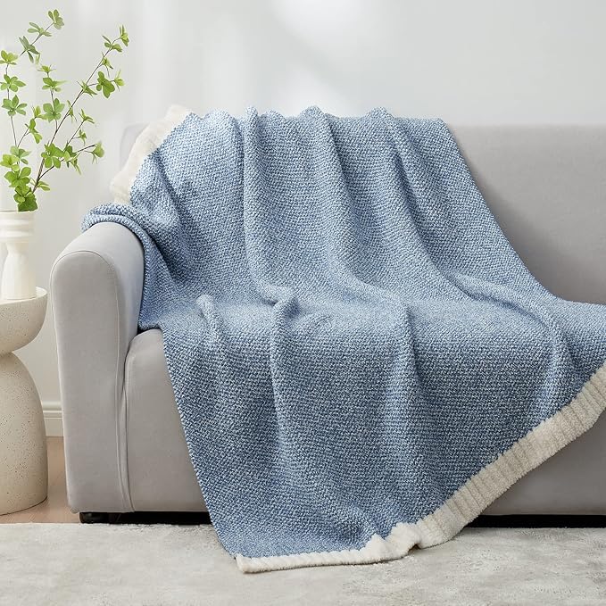 Snuggle Sac Blue Throw Blankets for Couch, Reversible Super Soft Warm Blankets Cozy Knit Blanket Fuzzy Plush Throws for Sofa, Bed, Gift, Heather Blue, 50 x 60 inches-Ruum Studio Home