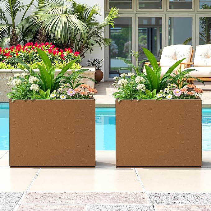 FENCY Metal Planter Box, Large Rectangular Planters for Outdoor Plants, Outdoor Tall Planters with Drainage Holes, Brown Metal Planters (30" L x 12" W x 24" H)-Ruum Studio Home