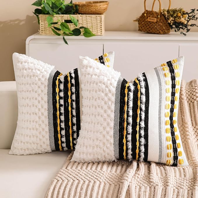 Boho Chenille Tufted Couch Throw Pillow Covers 18x18 Inch Set of 2 Farmhouse Striped Decorative Pillow Covers Accent Neutral Pillowcase Black Yellow Cushion Cover for Living Room Sofa Bed-Ruum Studio Home
