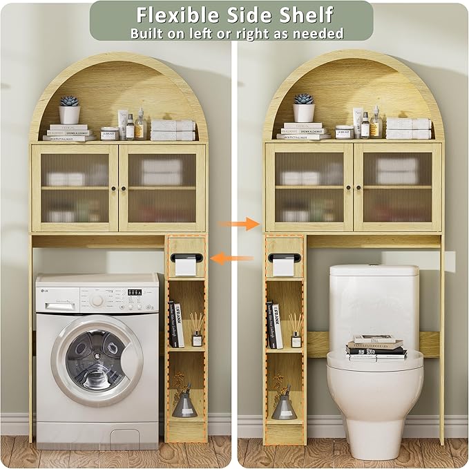 Over The Toilet Storage Cabinet, 31''W Arched Space-Saving Bathroom Organizer with Adjustable Shelf and Acrylic Doors, Freestanding Over Toilet Cabinet for Bathroom, Laundry, Restroom (Oak Wood)-Ruum Studio Home