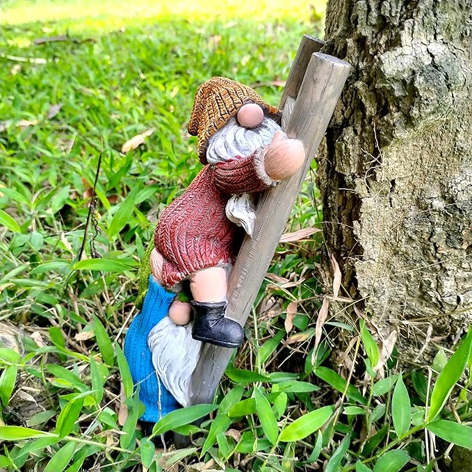Garden Gnome Statue, Funny Climbing Ladder Gnomes Figurine Resin Sculpture Outdoor Decor for Patio Yard Lawn Porch Ornaments Gift-Ruum Studio Home