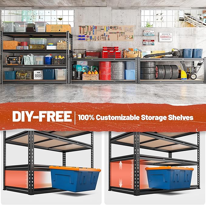 REIBII 48" W Garage Shelving Heavy Duty 2550 LBS Storage Shelves 4 Tier Heavy Duty Shelving, Adjustable Metal Shelves, Industrial Shelf for Garage, Warehouse, Pantry, 48" W x 60" H x 24" D-Ruum Studio Home