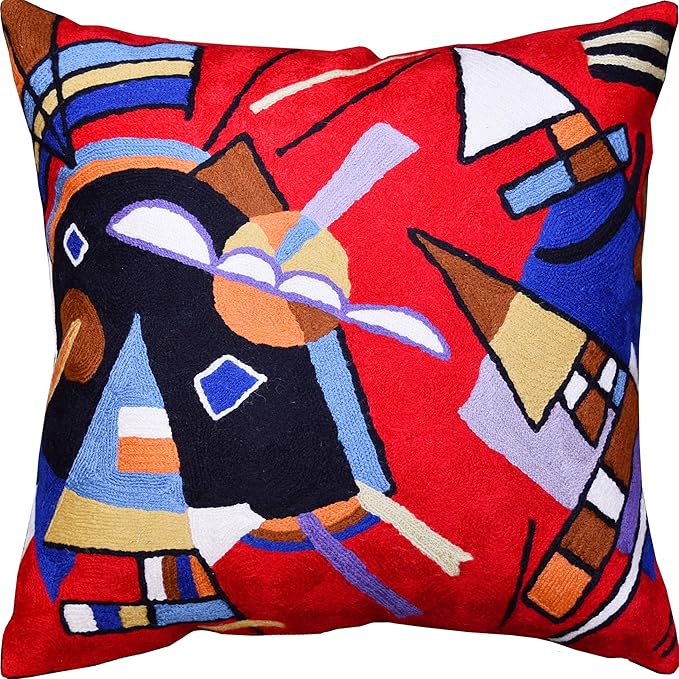 Kandinsky Contemporary Throw Pillow Cover - Bright | Red Modern Pillow Cases | Abstract Accent Pillows | Contemporary Couch Cushions | Hand Embroidered Cushion | Wool Size 18x18-Ruum Studio Home