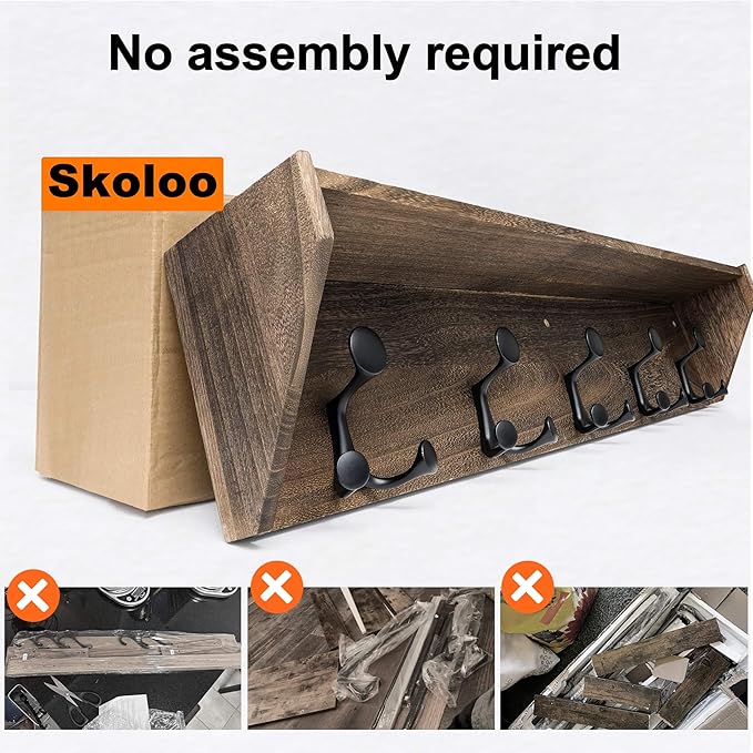 SKOLOO Wall Shelf with Hooks, 24-Inch Weathered Brown Coat Rack Wall Mount with Shelf Organizer - Lightweight & Sturdy, 5 Tri Hooks - Perfect for Entryway, Hallway, Living Room, Bedroom, Mudroom-Ruum Studio Home
