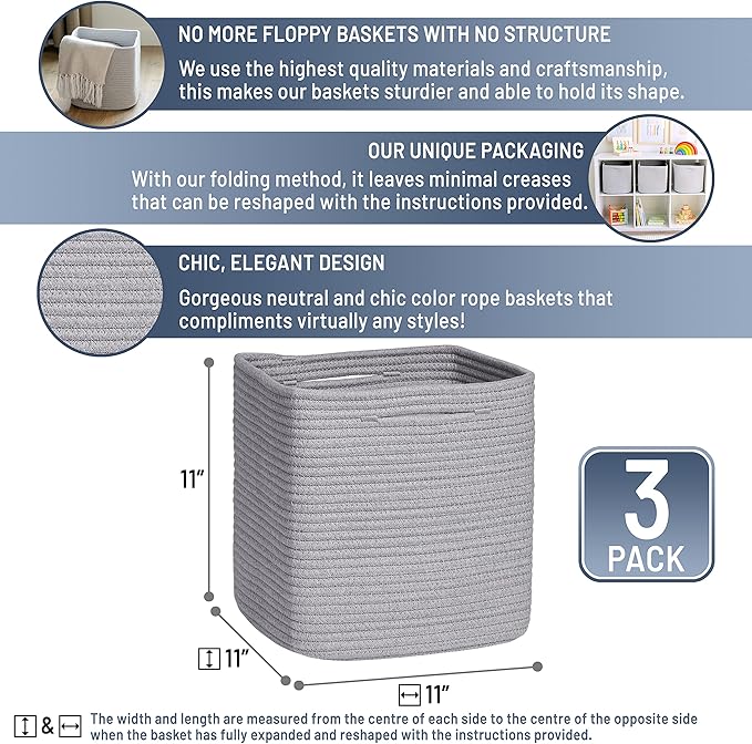 NaturalCozy Storage Cubes 11 Inch Cotton Rope Woven Baskets for Organizing, 3-Pack | Cube Storage Bin | Square Storage Baskets for Shelves Organizer, Classroom, Kids Toy Bins, Closet, Baby Nursery-Ruum Studio Home