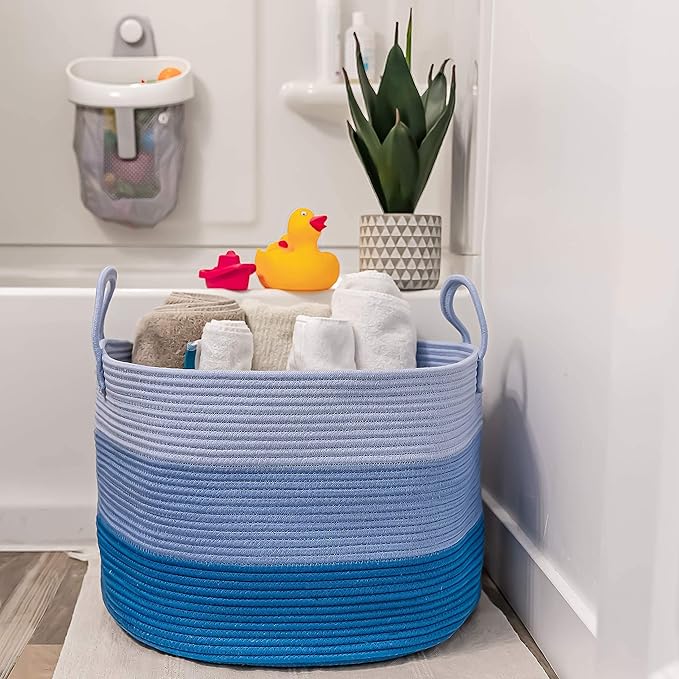OrganiHaus Toy Storage Basket for Kids, Large Cotton Rope Organizer Bin for Nursery, Toy Box, Blanket Holder, Baby Hamper for Living Room, Soft & Washable, 20x13 inches - Blue-Ruum Studio Home
